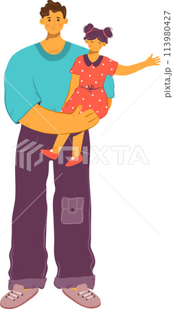 Father holding daughter, man smiling girl, child waving, happy family moment, casual attire, parentchild bonding, cheerful expressions, colorful outfits, standing pose, white background. Young girl 113980427