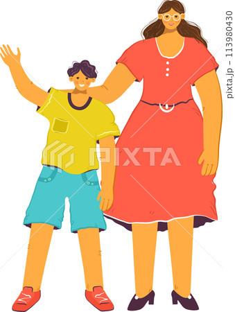 Mother child smiling, standing together, woman holding boys shoulder. Boy waves cheerfully, both wear bright casual clothes, cartoon style. Casual wear, happiness, family moment illustrated 113980430