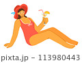 Description Young woman relaxing summer beach vacation, holding cocktail, wearing swimsuit, hat sunglasses. Smiling female enjoying tropical drink, sitting casual pose, leisure holiday concept 113980443