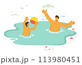 Two people playing beach ball water, sea vacation leisure activity. Young adults enjoying sunny day seaside, holiday fun. Man woman swimwear tossing beach ball, cheerful summer scene 113980451