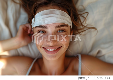 Woman with headband lying on the bed Woman with headband lying on the bed 113980453