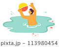 Man playing beach ball sea, joyful summer vacation activity. Male figure enjoying water sports, colorful inflatable ball beach. Cheerful person splashing blue ocean waters, playful 113980454