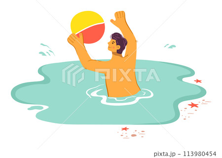 Man playing beach ball sea, joyful summer vacation activity. Male figure enjoying water sports, colorful inflatable ball beach. Cheerful person splashing blue ocean waters, playful 113980454