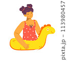 Young girl enjoying summer fun sitting float shaped dinosaur. Smiling child playful, ready pool swimming. Kid cartoon character, summer vacation activity, isolated white background 113980457