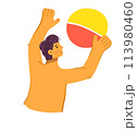 Man playing beach ball, raising colorful ball above head, cheerful. Young male having fun, engaging summer activities, playing ball. Cartoon character enjoys sunny day sports, playful mood, leisure 113980460