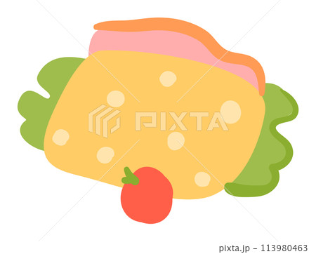 Flat design taco graphic yellow shell, green lettuce, pink topping, red tomato. Cartoon taco illustration perfect menu childrens book, drawing isolated white background, simplistic food illustration 113980463