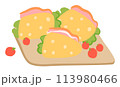 Three sandwiches ham, cheese, lettuce cutting board, flat vector illustration snacks. Red tomatoes next lunch meal, cartoon representation food items. Colorful pic sandwiches, quick prepare meal 113980466
