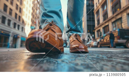 A person working as business person is walking to work in street of city. AIG43. 113980505