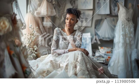 The wedding dress designer in studio filled with wedding dress on model. AIG43. The wedding dress designer in studio filled with wedding dress on model. AIG43. 113980506