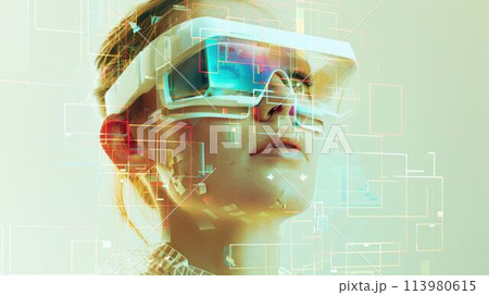 A woman wearing VR glasses depicting virtual reality technology AIGX04 113980615