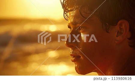 The adult australian man surfing near ocean under sunlight dawn or dusk. AIG43. The adult australian man surfing near ocean under sunlight dawn or dusk. AIG43. 113980616