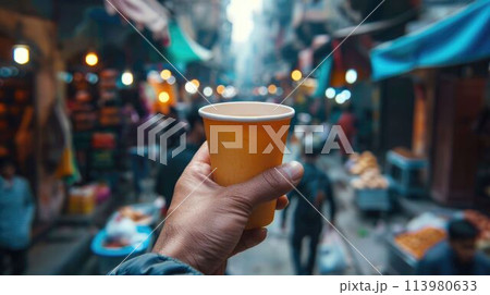 The close up picture of person holding the cup of hot coffee on street. AIG43. 113980633