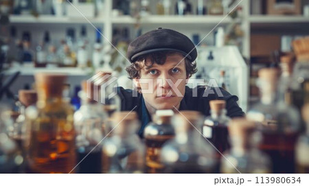 The perfume maker working inside the laboratory about research perfume. AIG43. 113980634