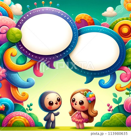 カラフルな会話 - かわいいキャラクターたちと創造的な吹き出し 113980635