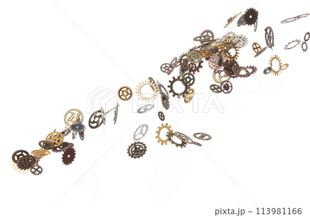 Cog wheel gear is spare part for industrial steel. Cogwheel gear head is innovation and brain teamwork. Many group gear wheel in difference color size fly in air. White background isolated 113981166
