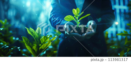 A businessman hand gently holds a small sapling, symbolizing investment in sustainability. Concept of the businessman commitment to environmentally friendly investments. Generative AI. A businessman hand gently holds a small sapling, symbolizing investment in sustainability. Concept of the businessman commitment to environmentally friendly investments. Generative AI. 113981317