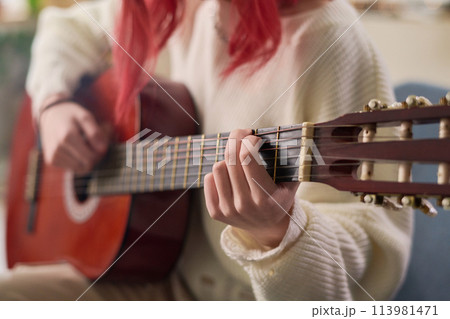 Female performer playing acoustic guitar Female performer playing acoustic guitar 113981471