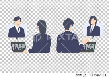 Male and female business people giving explanations, guidance, and web conferences online on a computer, upper body rear view 113982361