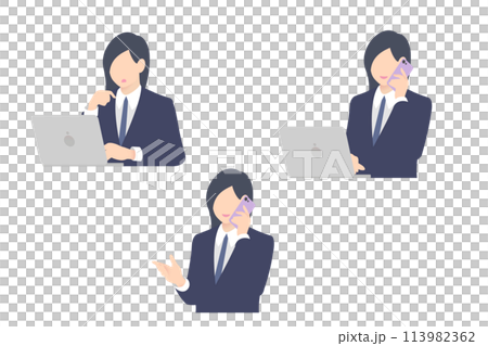 Female business person thinking, talking, typing while working on a computer, upper body 113982362