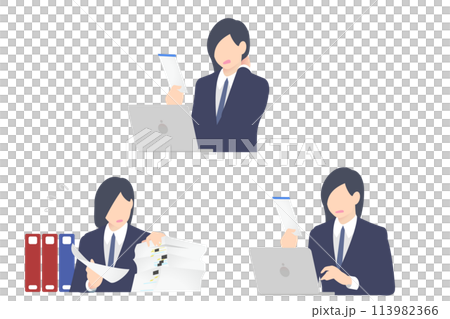 一位女商人的上半身搜尋一堆文件，發現並糾正考勤卡上的錯誤 113982366