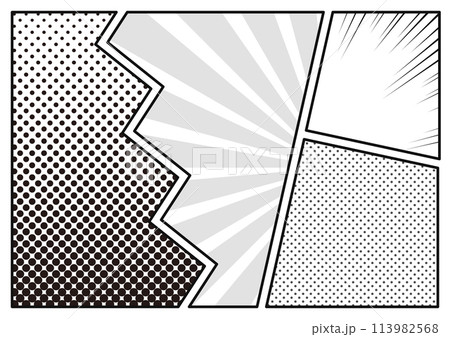 ドット、グラデーションドット、放射線、集中線背景の漫画風コマ割りイラスト　白黒 113982568