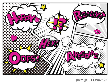 コミック風セリフと吹き出し、コマ割り背景の漫画デザインセット 113982576