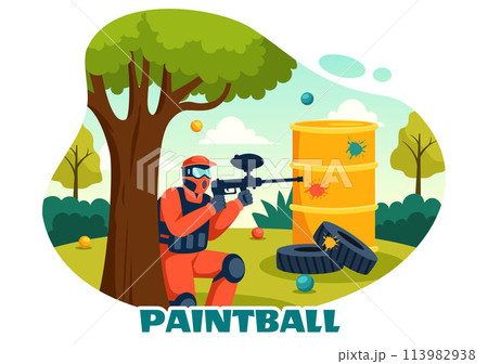 People Playing Paintball Vector Illustration of Fighter Player Shooting with Gun Shoot, Aim, Attack in Field Scene in Flat Cartoon Background 113982938