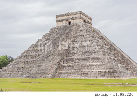 Old pyramid and temple of the castle of the Mayan architecture known as Chichen Itza these are the ruins of this ancient pre-columbian civilization and part of humanity 113983226
