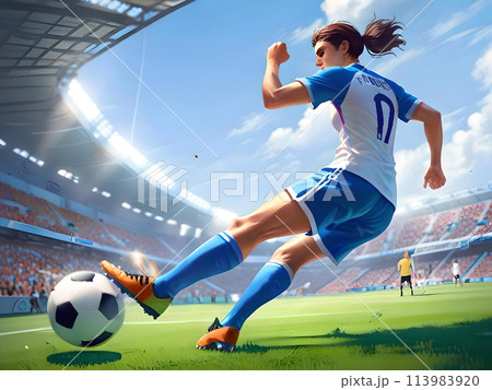サッカーボールをシュートする女性 113983920