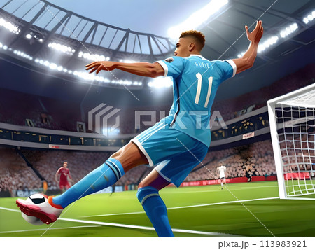 サッカーボールを蹴るサッカー選手 113983921