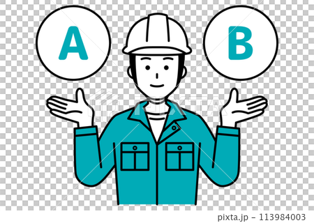AとBの選択肢を提案する作業員の男性 113984003