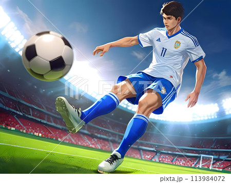 サッカーボールを追いかけるサッカー選手 113984072