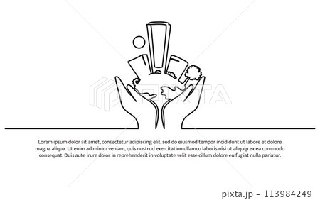 Continuous line design of hands supporting the earth. Save the earth design concept. Decorative elements drawn on a white background. Continuous line design of hands supporting the earth. Save the earth design concept. Decorative elements drawn on a white background. 113984249