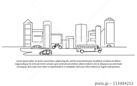 Continuous line design of heavy city traffic view. The concept of a city center design that is full of vehicles and traffic jams. Decorative elements drawn on a white background. 113984252