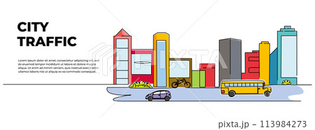 Vector illustration of city line view of vehicle traffic on the highway in front of the buildings. Downtown activity design concept. Modern flat in continuous line style. 113984273