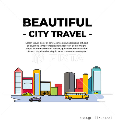 Vector illustration of city line view of vehicle traffic on the highway in front of the buildings. Downtown activity design concept. Modern flat in continuous line style. 113984281
