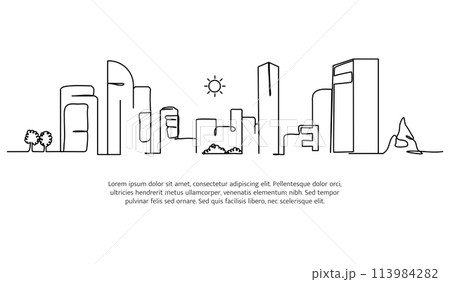 Cityscape line design. City view decorative elements drawn one continuous line. Vector illustration of minimalist style on white background. Cityscape line design. City view decorative elements drawn one continuous line. Vector illustration of minimalist style on white background. 113984282