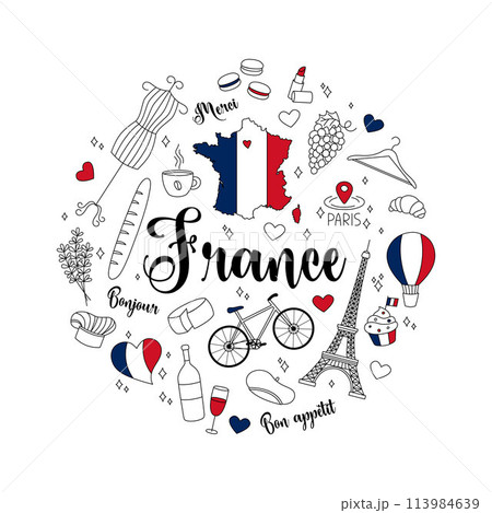France doodles round design set. Vector illustrations of isolated French elements in cute hand drawn style. Outline national symbols Eiffel Tower, lavender, country map, flag and others 113984639