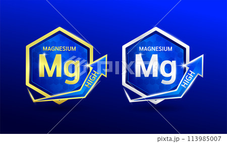 High magnesium in hexagon shape aluminum gold and silver with shine arrow. Used for design nutrition supplement products. Minerals label symbol logo 3D on blue background. Vector EPS10. 113985007