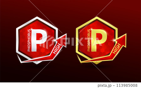 High phosphorus in hexagon shape aluminum gold and silver with shine arrow. Used for design nutrition supplement products. Minerals label symbol logo 3D on red background. Vector EPS10. 113985008