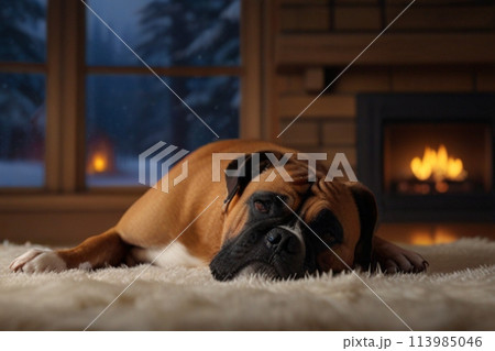 薪ストーブで暖をとる犬 113985046