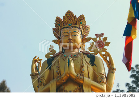 Ornate golden Avalokitesvara female Buddha statue against a clear blue sky background in Swayambhu Buddha Park Ring Road which is a popular tourist destination in Kathmandu, Nepal 113985092