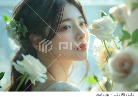 薔薇の花と女性の美容イメージ（スキンケア・ボディケア・エステサロン） 113985133