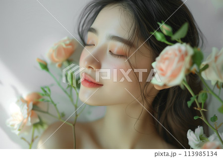 薔薇の花と女性の美容イメージ（スキンケア・ボディケア・エステサロン） 113985134