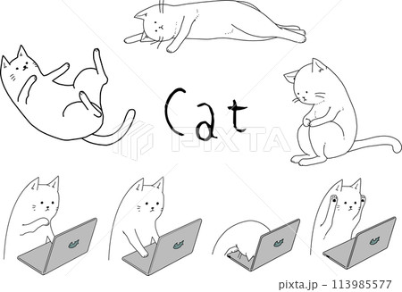 かわいい猫のイラストセット。モノクロ、線画。 かわいい猫のイラストセット。モノクロ、線画。 113985577