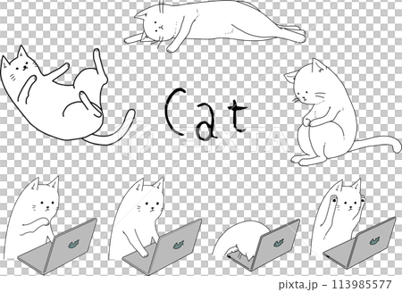 かわいい猫のイラストセット。モノクロ、線画。 かわいい猫のイラストセット。モノクロ、線画。 113985577