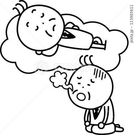 雲の上で寝そべる男性と元気なくため息をつく男性のイラスト 113985611