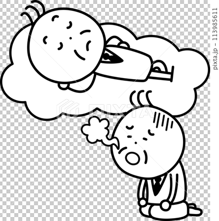 雲の上で寝そべる男性と元気なくため息をつく男性のイラスト 113985611