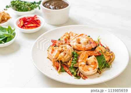 stir fried holy basil with shrimps and herb stir fried holy basil with shrimps and herb 113985659