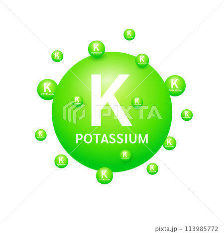 Potassium minerals on white background. Natural nutrients and vitamins essential by the body to help repair damaged organs. For advertising medical supplements design. 3D Vector EPS10. Potassium minerals on white background. Natural nutrients and vitamins essential by the body to help repair damaged organs. For advertising medical supplements design. 3D Vector EPS10. 113985772